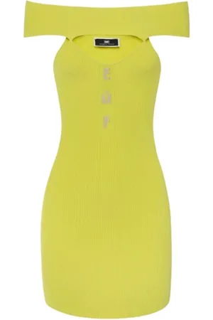 Elisabetta Franchi Kleedjes, Dames, Groen, L, Korte Geribbelde Jurk met Bardot Halslijn