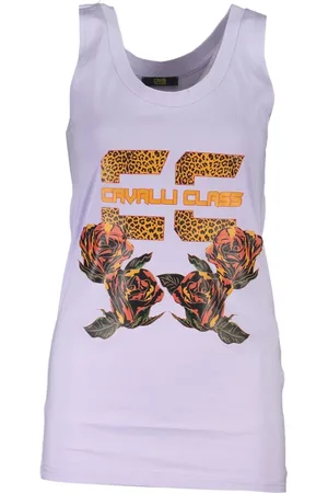 Roberto Cavalli Tops, Dames, Paars, S, Stijlvolle Logo Print Tanktop voor Vrouwen
