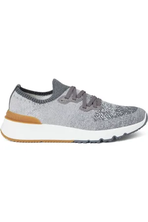 Brunello Cucinelli Schoenen, Heren, Grijs, 44 EU, Katoen, Grijze Sneakers met Logo Print