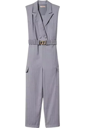 Twin-Set Jumpsuits & Playsuits, Dames, Grijs, XS, Polyester, Mouwloze gestreepte jumpsuit met riem