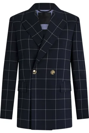 Liu Jo Jassen, Dames, Blauw, S, Polyester, Geruit Patroon Double-Breasted Blazer Buitenkleding