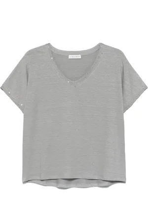 LE TRICOT PERUGIA Tops, Dames, Grijs, 2Xl, Pailletten, Grijze T-shirt met Pailletten V-hals