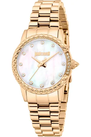 Roberto Cavalli Accessoires, Dames, Geel, ONE Size, Elegante Roestvrijstalen Analoge Quartz Horloge