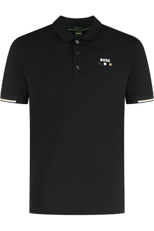 HUGO BOSS Tops, Heren, Zwart, L, Katoen, Katoenen Polo Shirt met Geribbelde Randen