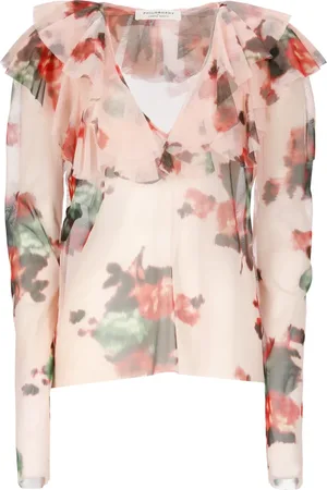 Serafini Tops, Dames, Roze, S, Roze Bloemen V-Hals Shirt