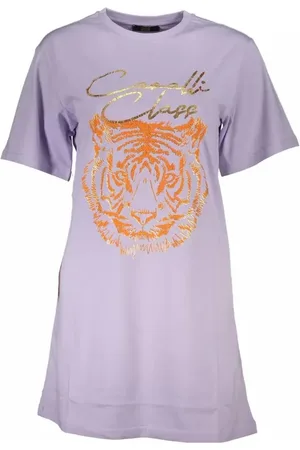 Roberto Cavalli Tops, Dames, Paars, L, Katoen, Paarse Logo Print Ronde Hals T-Shirt