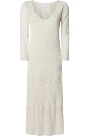 Pepe Jeans Kleedjes, Dames, , XS, Polyester, Ivoor Longuette Jurk met Pointelle Details