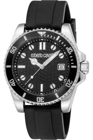 Roberto Cavalli Accessoires, Heren, Zwart, ONE Size, Leren Band Quartz Horloge met Datum