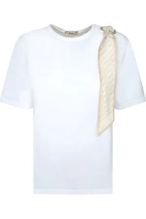 HERNO Tops, Dames, Wit, M, Katoen, Witte T-shirt met zijden sjaaldetail
