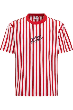 Guess Tops, Heren, Rood, S, Katoen, Geborduurd Logo Gestreept T-shirt