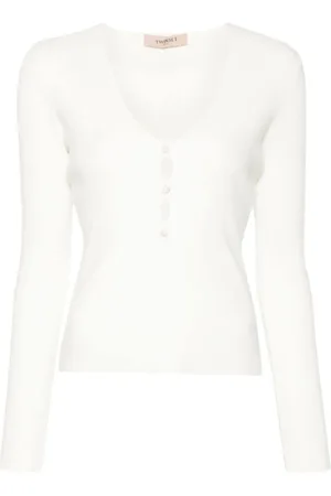 Twin-Set Truien, Dames, Wit, M, Wol, V-hals Cut Out Trui