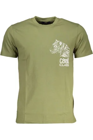 Roberto Cavalli Tops, Heren, Groen, L, Katoen, Groene Katoenen Crew Neck T-Shirt