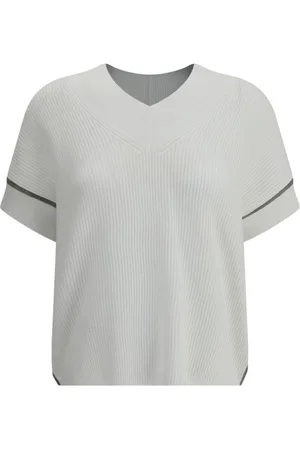 Brunello Cucinelli Tops, Dames, Wit, S, Katoen, Kortemouwtrui met juweeldetails