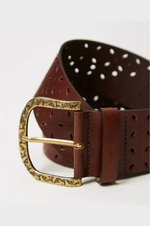 Twin-Set Accessoires, Dames, Bruin, S, Leer, Geperforeerde leren riem met gehamerde gesp
