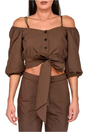 Patrizia Pepe Blouses & Shirts, Dames, Bruin, M, Katoen, Katoenen Popeline Boothals Shirt
