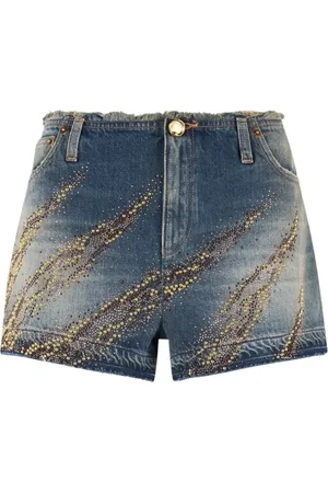 Roberto Cavalli Korte broeken, Dames, Blauw, S, Denim, Denim Shorts met Studs en Zebrapatroon