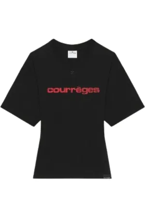 Courrèges Tops, Dames, Zwart, M, Katoen, Zwarte Aansluitende Bedrukte T-shirt