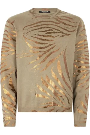 Roberto Cavalli Truien, Heren, Bruin, L, Kasjmier, Sweater met Gouden Tijgerhuid Patroon