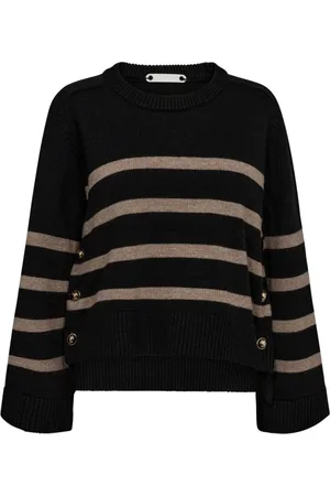 Co`Couture Truien, Dames, Zwart, L, Gestreept gebreid vest met knopen