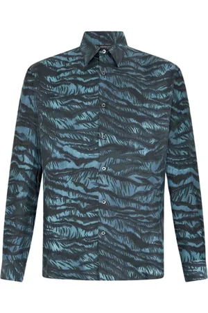 Roberto Cavalli Overhemden, Heren, Blauw, XL, Zijden Shirt met Tijgerprint