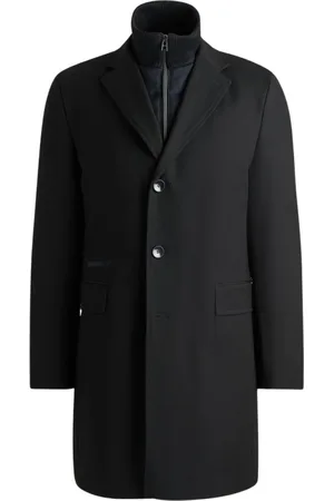 HUGO BOSS Mantels, Heren, Zwart, L, Wol, Zwarte Slim Fit Wollen Jas