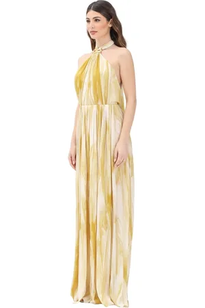 Elisabetta Franchi Kleedjes, Dames, Veelkleurig, L, Tule, Gele Lange Jurk met Ethisch Print