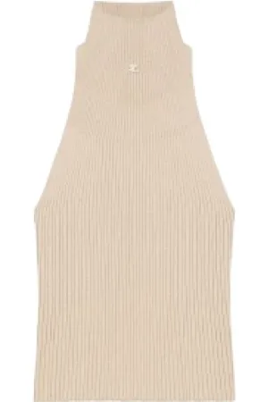 Courrèges Tops, Dames, , S, Katoen, Mockneck Mouwloze Logo Applique Katoenen Top