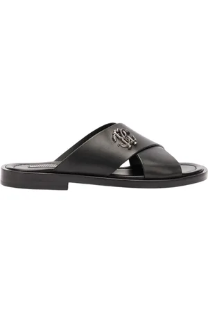 Roberto Cavalli Schoenen, Heren, Zwart, 42 EU, Leer, Slippers met Banden en Spiegel Snake Monogram