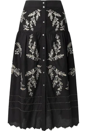 Pepe Jeans Rokken, Dames, Zwart, M, Katoen, Zwarte Bloemen Geborduurde Midi Rok