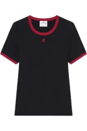Courrèges Tops, Dames, Zwart, S, Katoen, Handtekening Contrast T-shirt met Logo Applique
