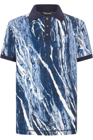 Roberto Cavalli Tops, Heren, Blauw, M, Katoen, Rubane Print Katoenen Poloshirt