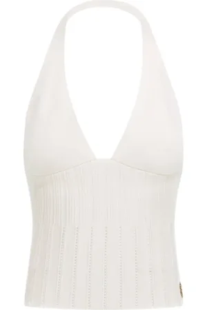 Roberto Cavalli Tops, Dames, Wit, L, Geribbelde Haltertop, V-hals, Elegant