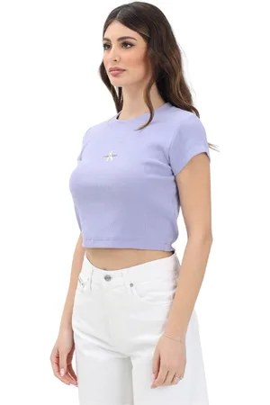 Calvin Klein Tops, Dames, Paars, M, Paarse T-shirt met korte mouwen
