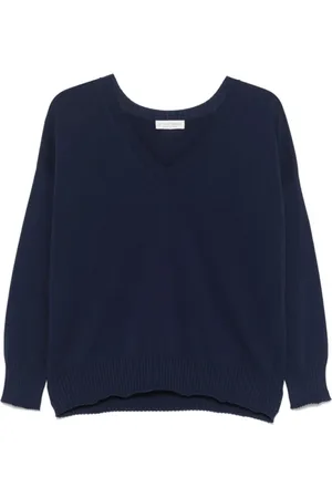 LE TRICOT PERUGIA Truien, Dames, Blauw, M, Katoen, Navy Katoenen Trui met Geribbelde V-hals