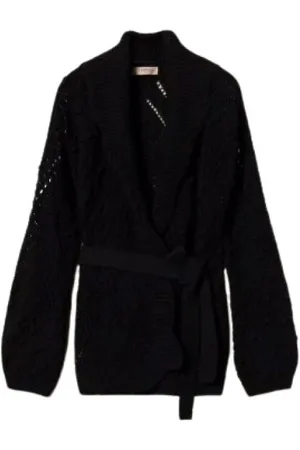 Twin-Set Truien, Dames, Zwart, M, Katoen, Gebreid open vest met ceintuur