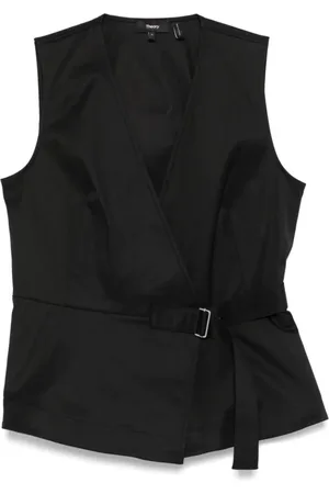 THEORY Tops, Dames, Zwart, S, Katoen, Mouwloze Wrap Top in Katoen Chino