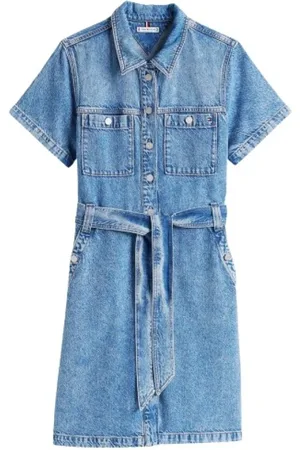 Tommy Hilfiger Kleedjes, Dames, Blauw, M, Denim, Denim Overhemdjurk met Riem