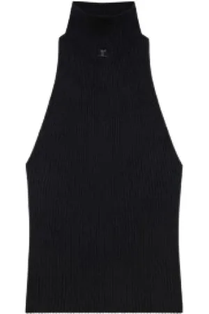 Courrèges Tops, Dames, Zwart, S, Katoen, Zwarte Mockneck Mouwloze Logo Top
