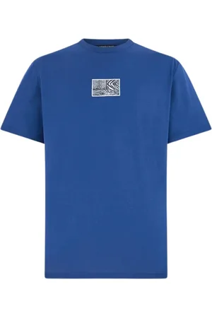 Roberto Cavalli Tops, Heren, Blauw, S, Dierenprint Crew-neck T-shirt met Jaguar en Tijgerhuid