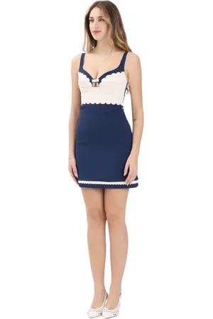Elisabetta Franchi Kleedjes, Dames, Blauw, M, Blauwe Korte Jurk met Geborduurde Rand
