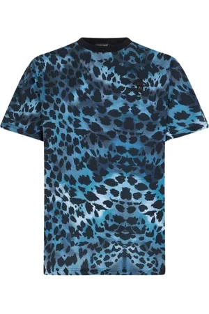 Roberto Cavalli Tops, Heren, Blauw, S, Katoen, Jaguar Skin Print Crew-neck T-shirt
