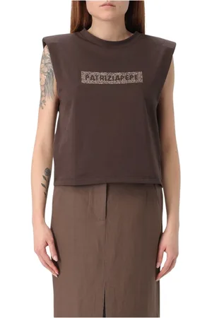 Patrizia Pepe Tops, Dames, Bruin, XS, Katoen, Elegante Bruine Crewneck Mouwloze T-shirt