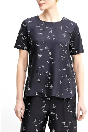 Max Mara Tops, Dames, Blauw, L, Blauwe bedrukte zijden crew neck blouse