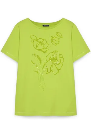 Fiorella rubino Tops, Dames, Geel, L, Katoen, T-shirt met bloemenborduursel