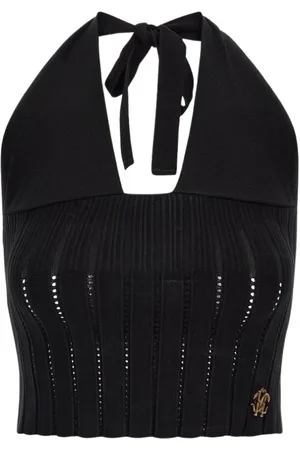 Roberto Cavalli Tops, Dames, Zwart, M, Zwarte Geribbelde Haltertop