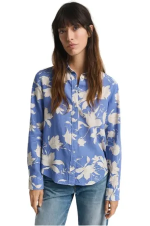 GANT Blouses & Shirts, Dames, Blauw, 3Xl, Linnen, Bloemenprint Linnen Blend Overhemd
