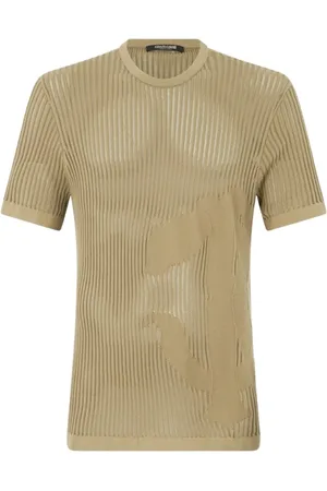 Roberto Cavalli Truien, Heren, Bruin, S, Geribbelde Openwork Gebreide T-shirt