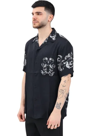 VERSACE Overhemden, Heren, Zwart, L, Zwarte korte mouwen overhemd met barokprint