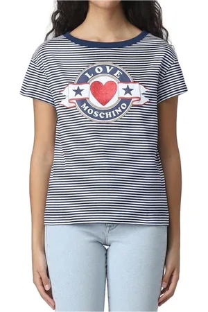 Moschino Tops, Dames, Veelkleurig, M, Katoen, Gestreept katoenen T-shirt met logo
