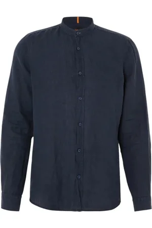 HUGO BOSS Overhemden, Heren, Blauw, S, Linnen, Linnen overhemd met Franse kraag